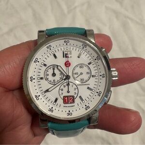 Elegant Michele Chronograph Watch - Turquoise Leather & Stainless Steel
